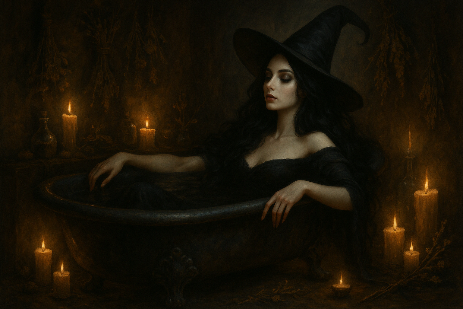 Dark bathtub with a witch in it. Enchanting and beautiful 